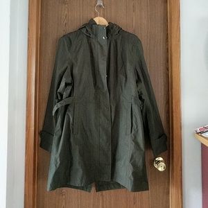 Green belted trench coat